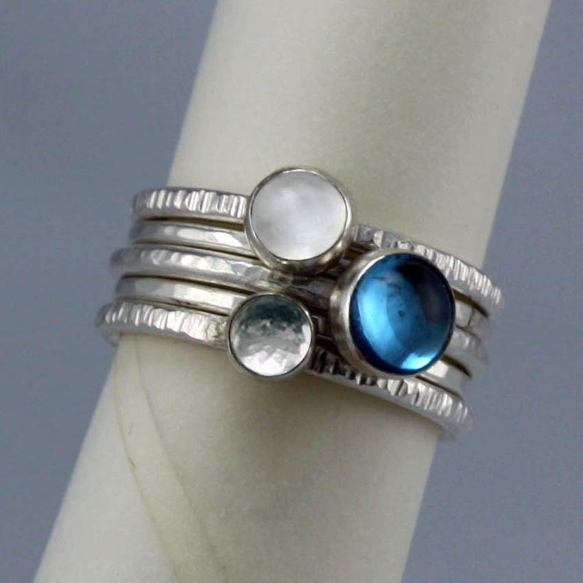 Stacking Silver and Gemstone Rings - Swiss Blue Topaz, Moonstone and White Topaz, Set of 5 - FREE shipping