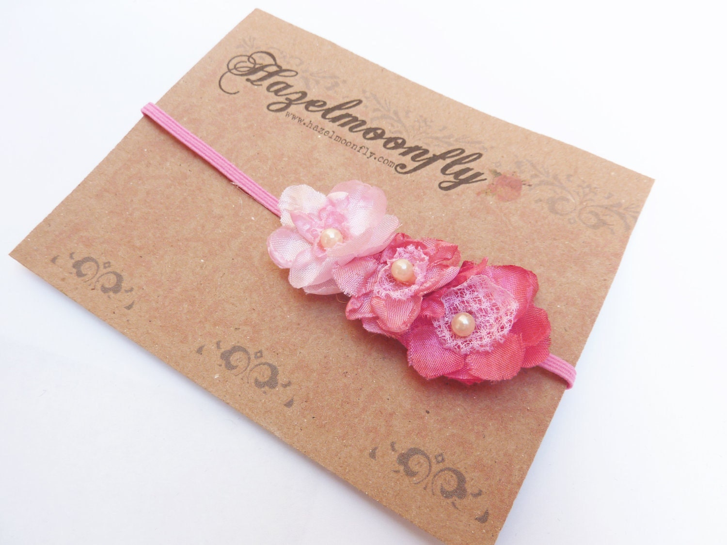 Pink Flowers with Lace and Pearls in Grades Shades of Pretty on Matching Stretch Headband Infants, Babies or Adults