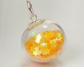 Yellow star glitter hand blown glass ball sterling silver necklace