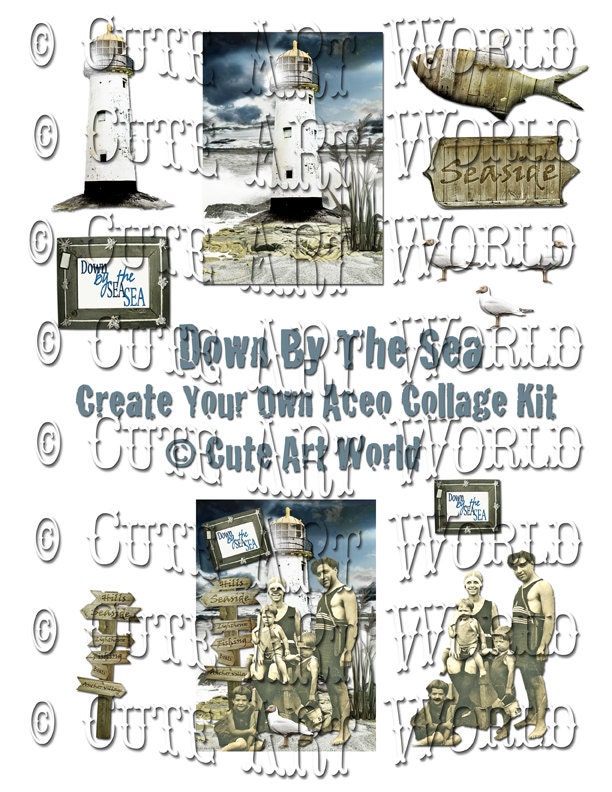 ACEO ATC Digital Collage Sheet Kit make your own Down By The Sea Vintage Altered Art For Card Making Scrapbooking And Journals