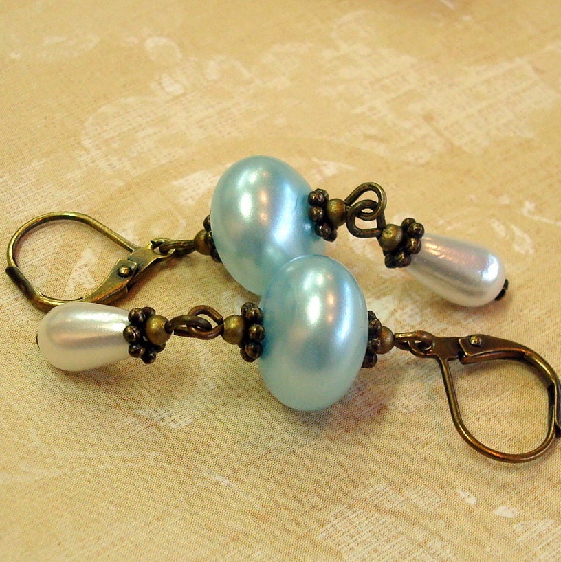 Vintage Blue and Cream Pearl and Bronze Earrings Neo Victorian, Antiqued Brass