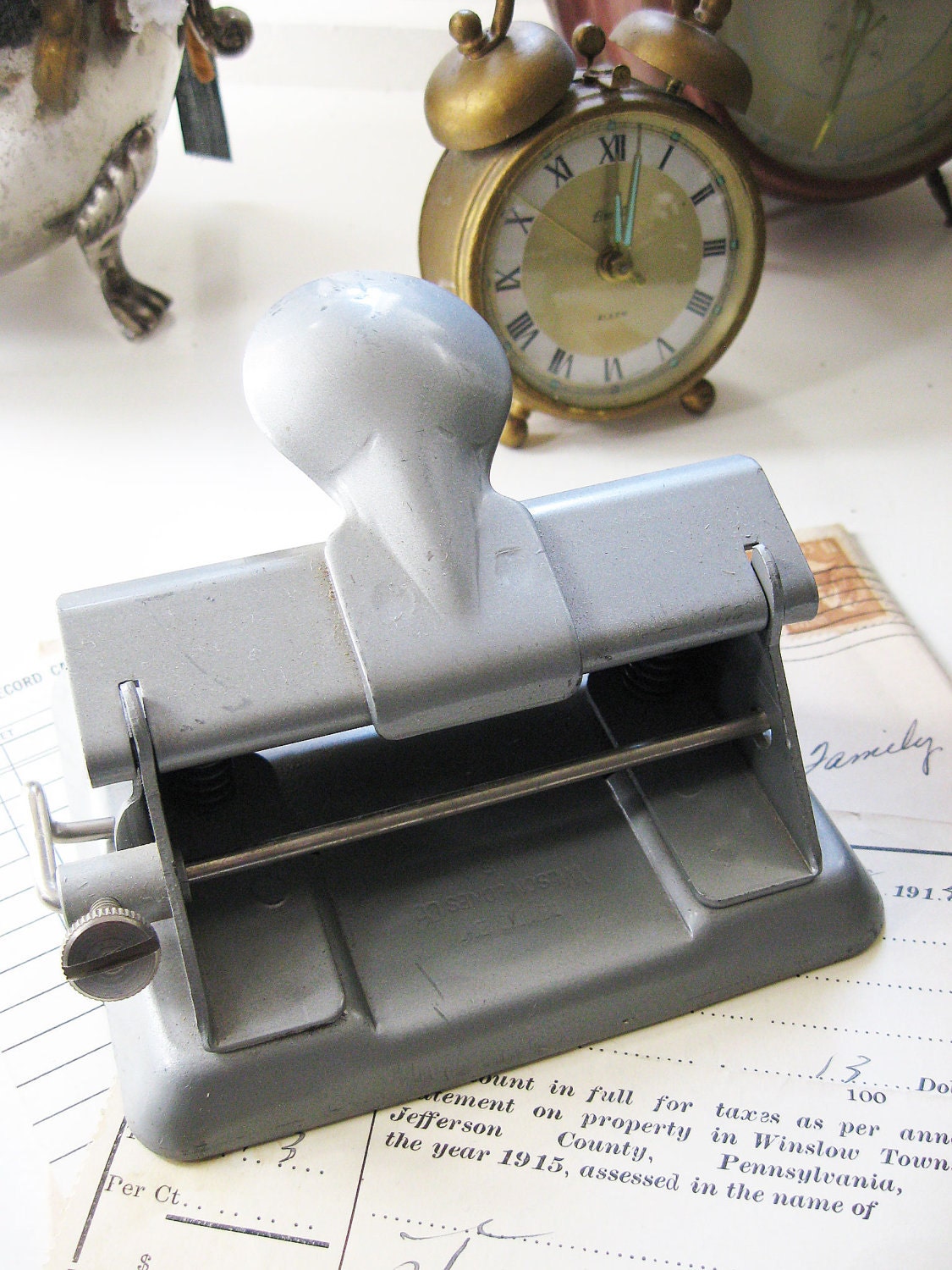 Vintage "Rex" 2 hole Punch ... Industrial Grey.. Original Labels ...  Beautiful Condition