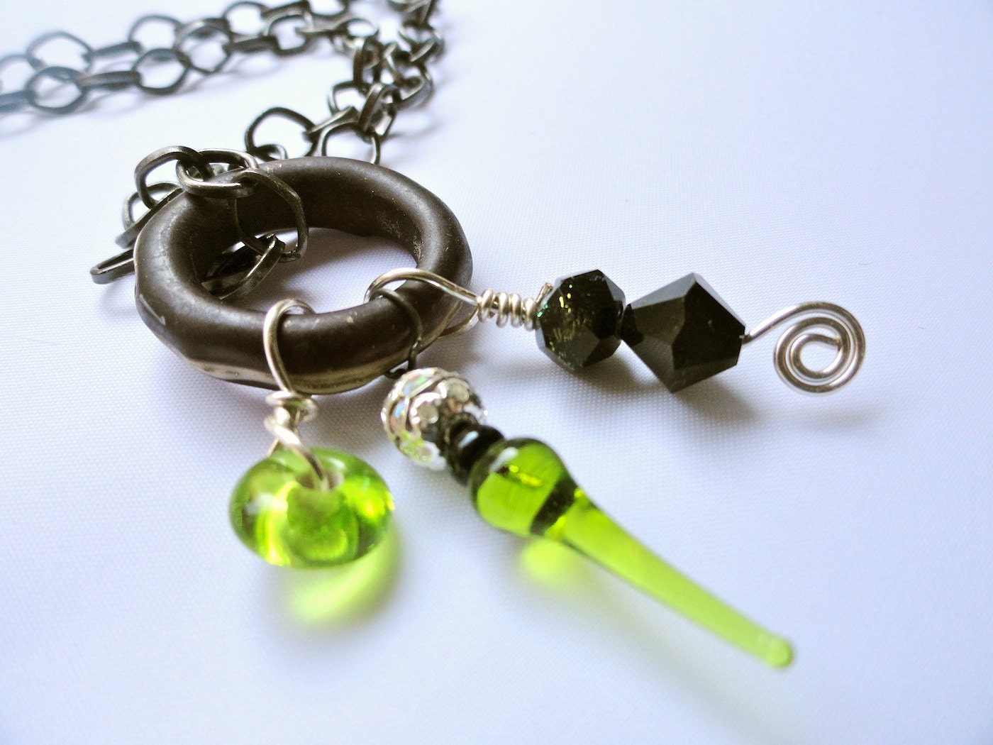 NightLights Lime and Black Lampwork Bead Swarovski Crystal Pendant