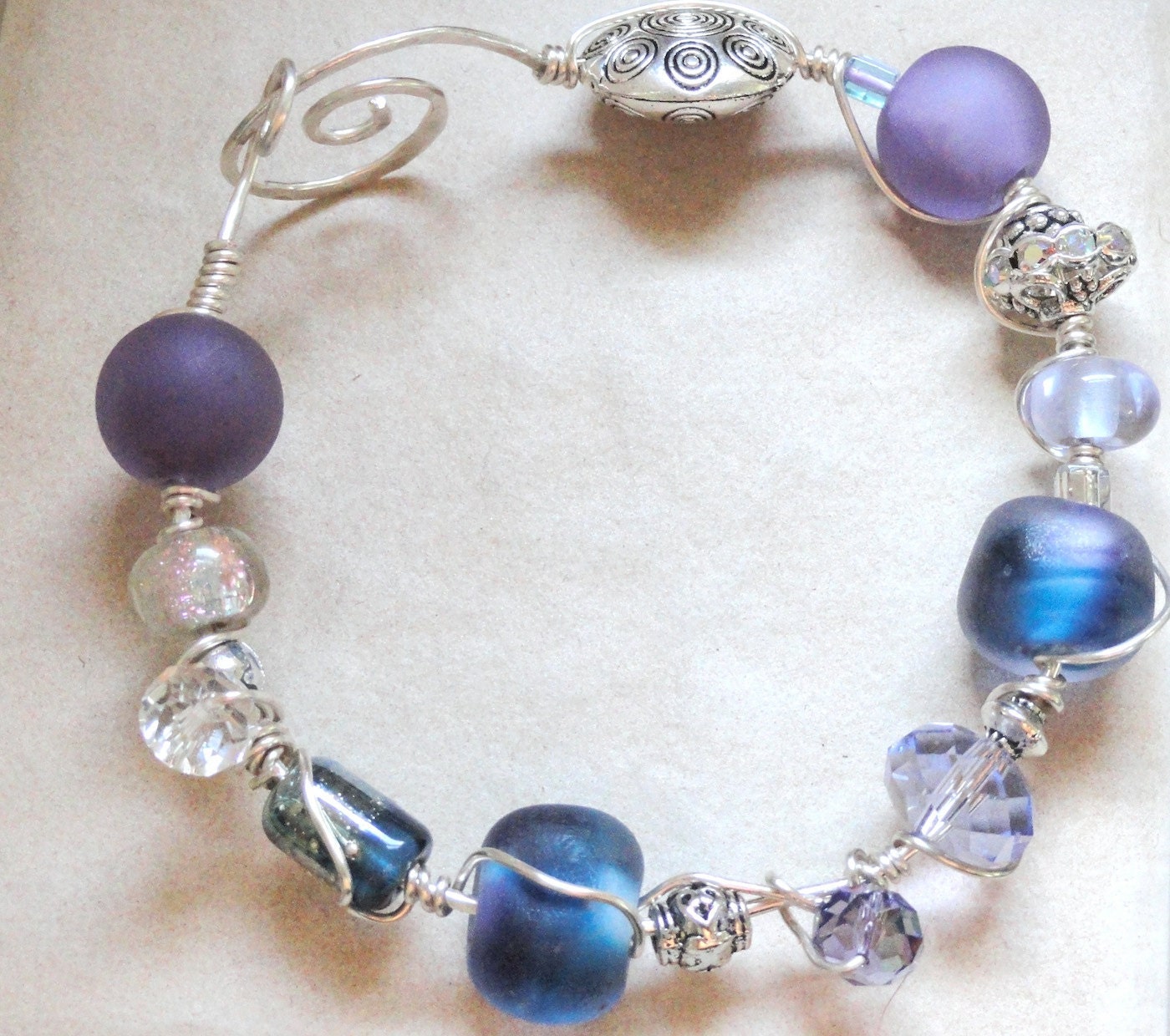Lilac and Blue Hydrangea Lampwork Bead Bracelet Wire Wrapped