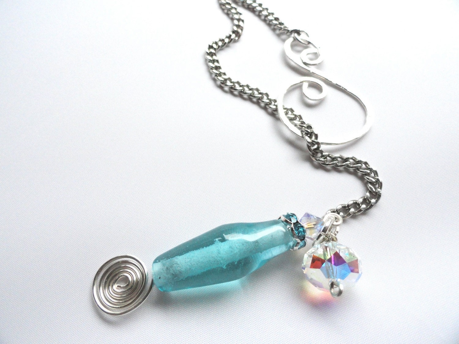 Turquoise Blue Lampwork Bead Swarovski Crystal Lariat Silver Necklace