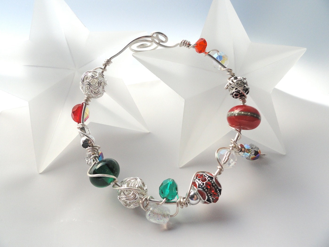 ON SALE Xmas Magic Holiday Red & Green Wire Wrapped Bracelet