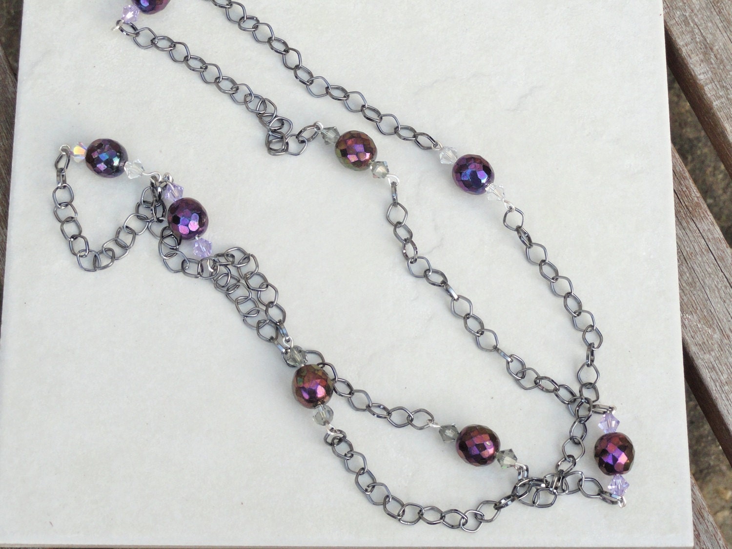 ON SALE Shiny Purple Metallic Czech Beads with Swarovski Crystals 40 Inches