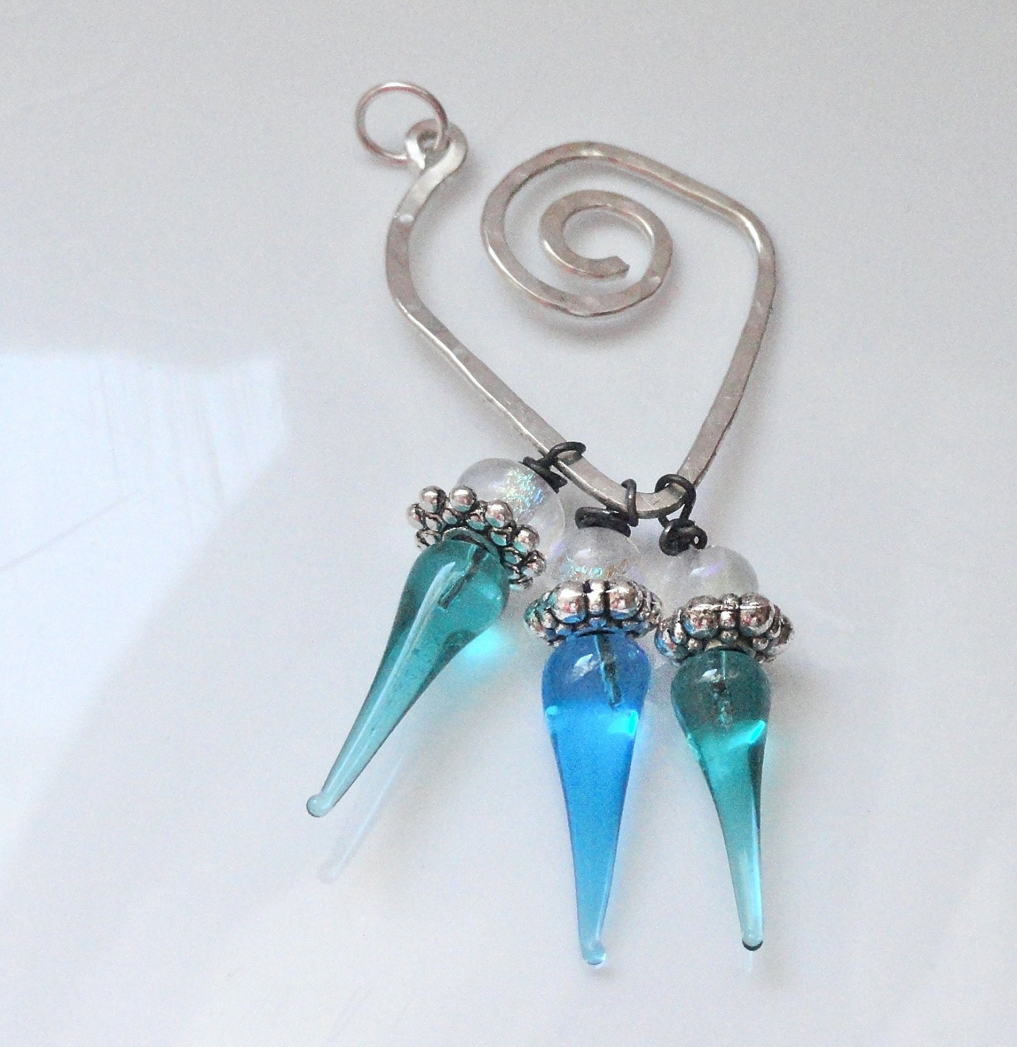 Warrior Princess Sterling Pendant with Lamwork & Dichroic Bead Dangles Turquoise Teal