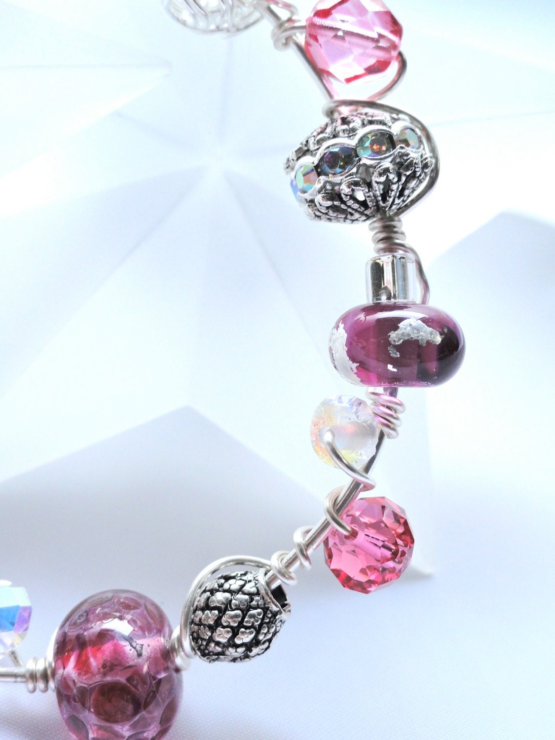Raspberry Ripple Lampwork Bead Wire Wrapped Bracelet
