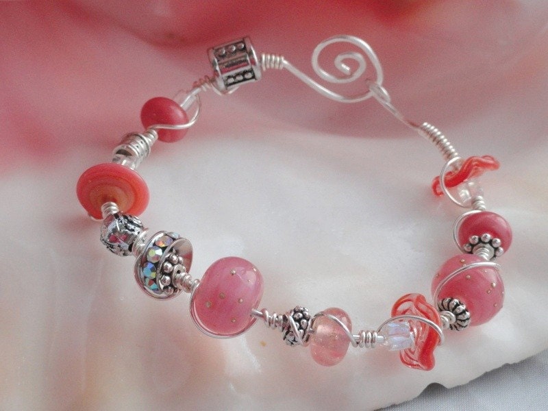 Coral Honeysuckle Pink Lampwork Bead Wire Wrapped Artisan Bracelet