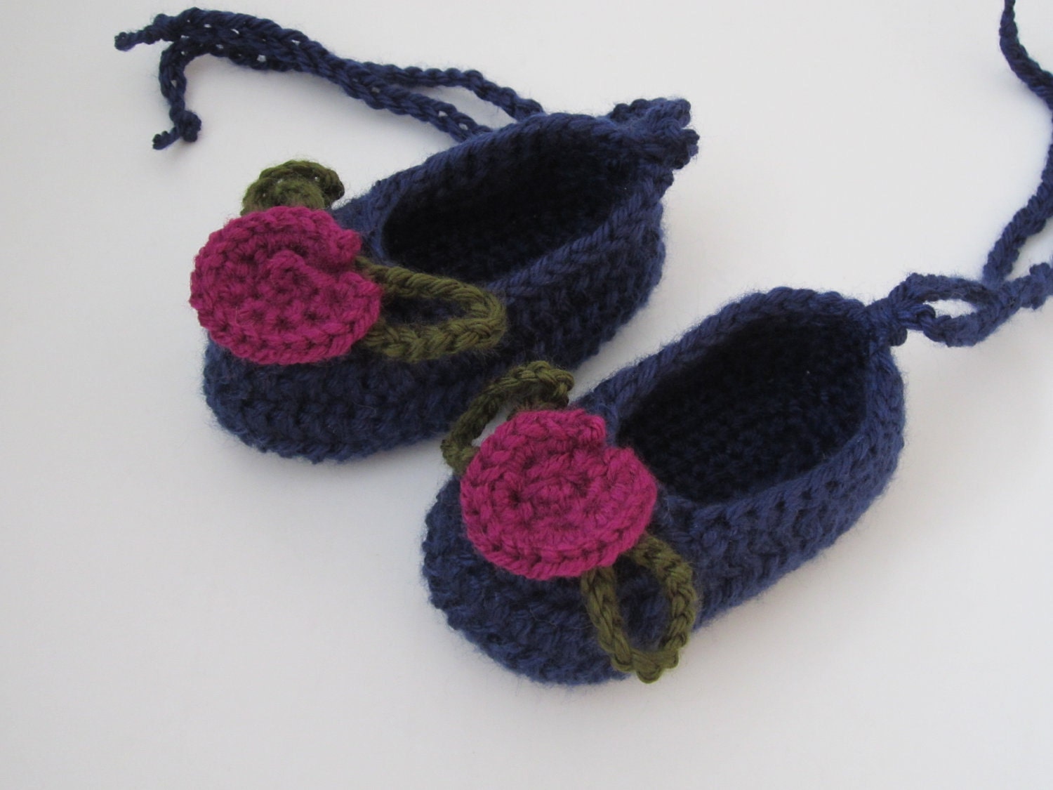 Crocheted Baby Ballerina Style Booties - Blue with Magenta Flower - Fits 6 to 9 months