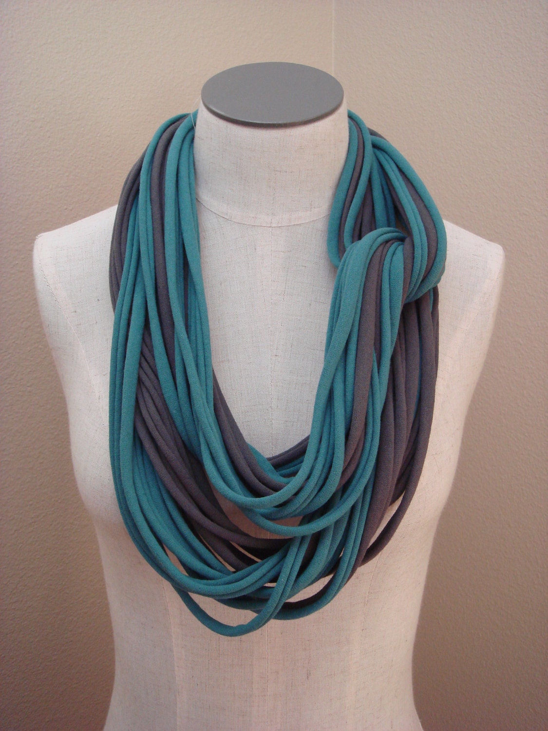 Jersey Cowl - Scarf - Fabric Necklace, Infinity Style, in Turquoise and Gray Jersey Fabric