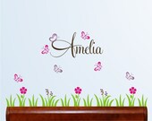 Personalized Name with Flowers, butterflies and grass, nursery, kids & teens room, custom removable decals stickers