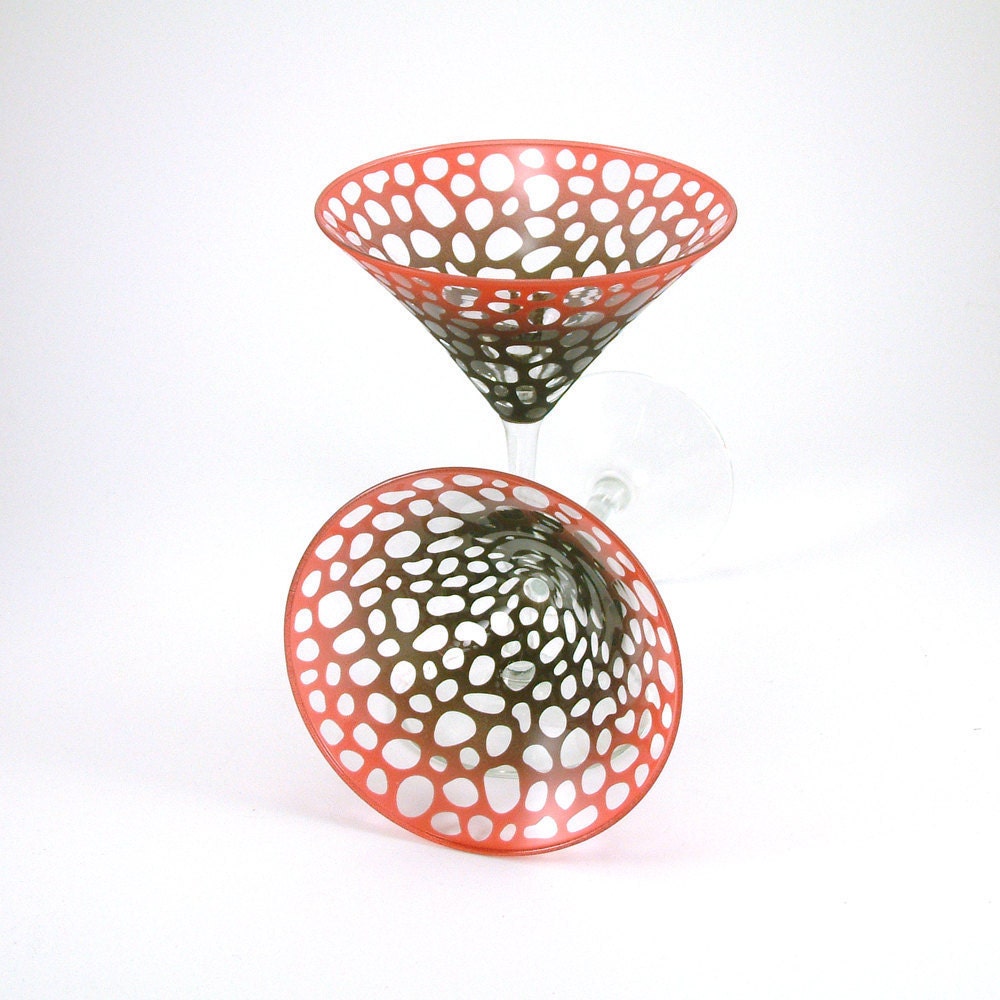 Etched Martini Glasses - River Rocks - Custom Painted Red and Black - Matching Pair