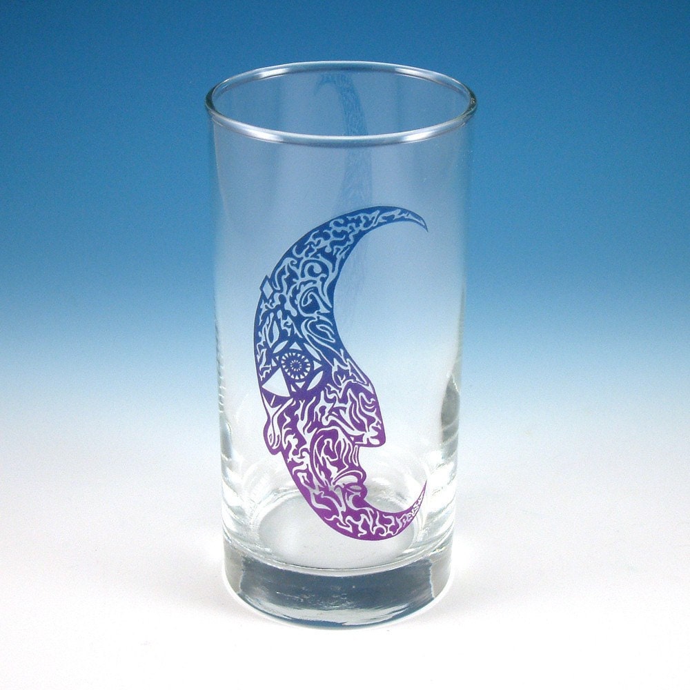 Etched Glass Tumbler with Tattooed Moon design - Custom Painted