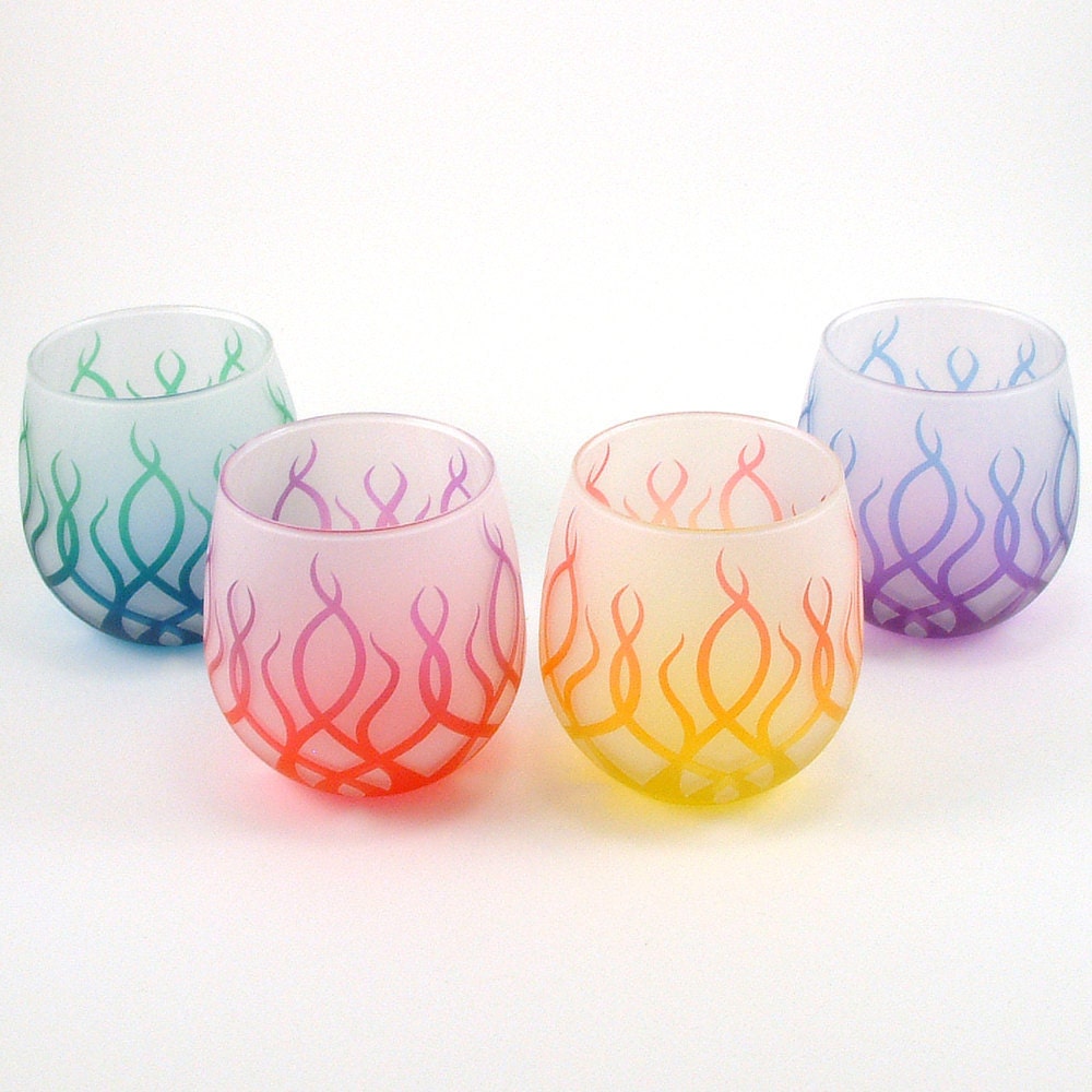Wine Glasses - Strands - Custom Painted Set of 4 - Etched Glass