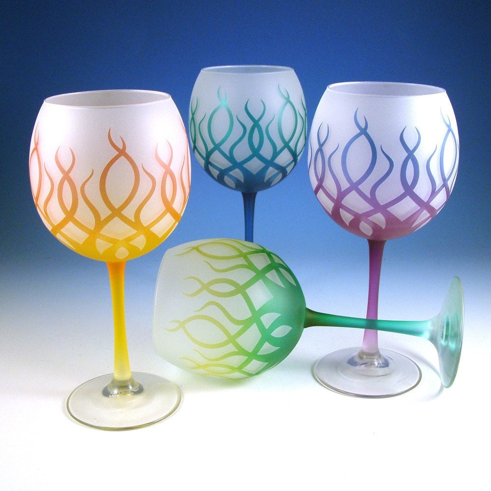 Wine Glasses with Strands design - Etched and Custom Painted Set of 4