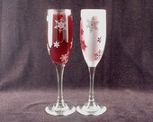 Etched Glass Champagne Flutes with Scattered Snowflakes
