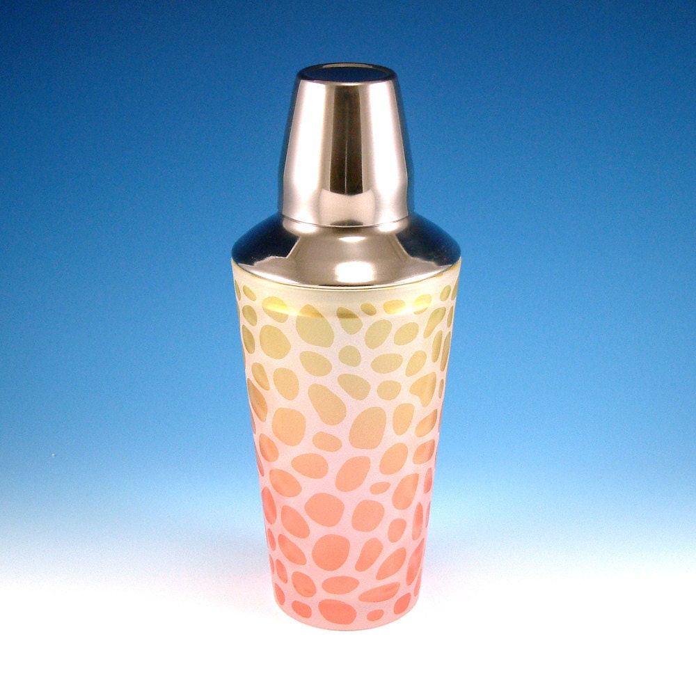 Frosted Glass Cocktail Shaker - River Rocks - Yellow and Orange Custom Painted