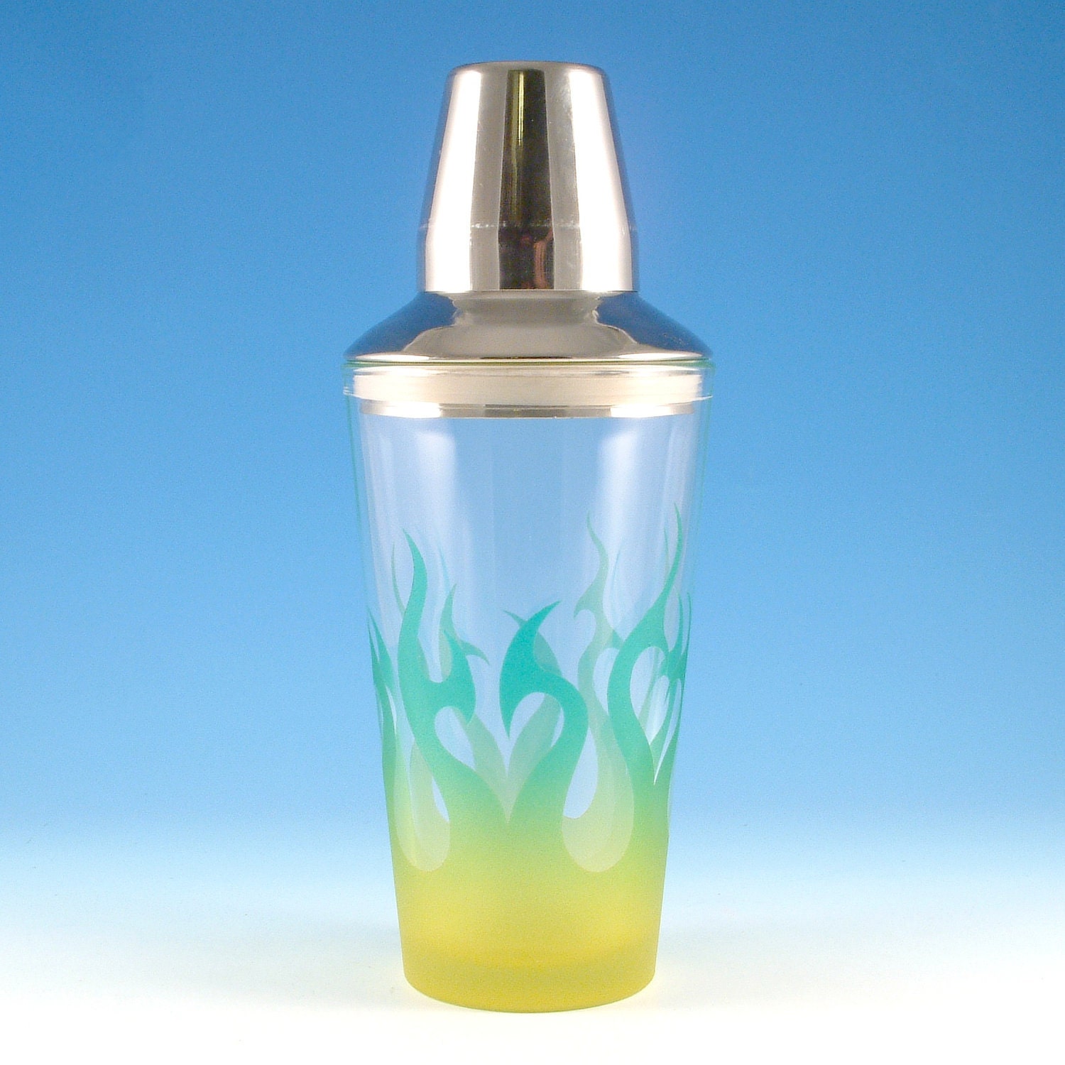 Etched Glass Cocktail Shaker with Tribal Flames design - 16 oz - Green and Yellow