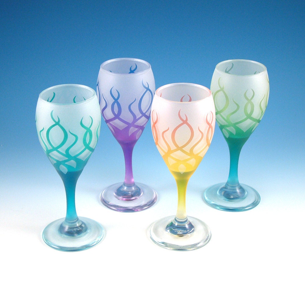 Frosted Teardrop Cordials with Strands design - Set of 4 - Custom Painted