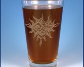 Etched Pint Glass with Crazy Sun design