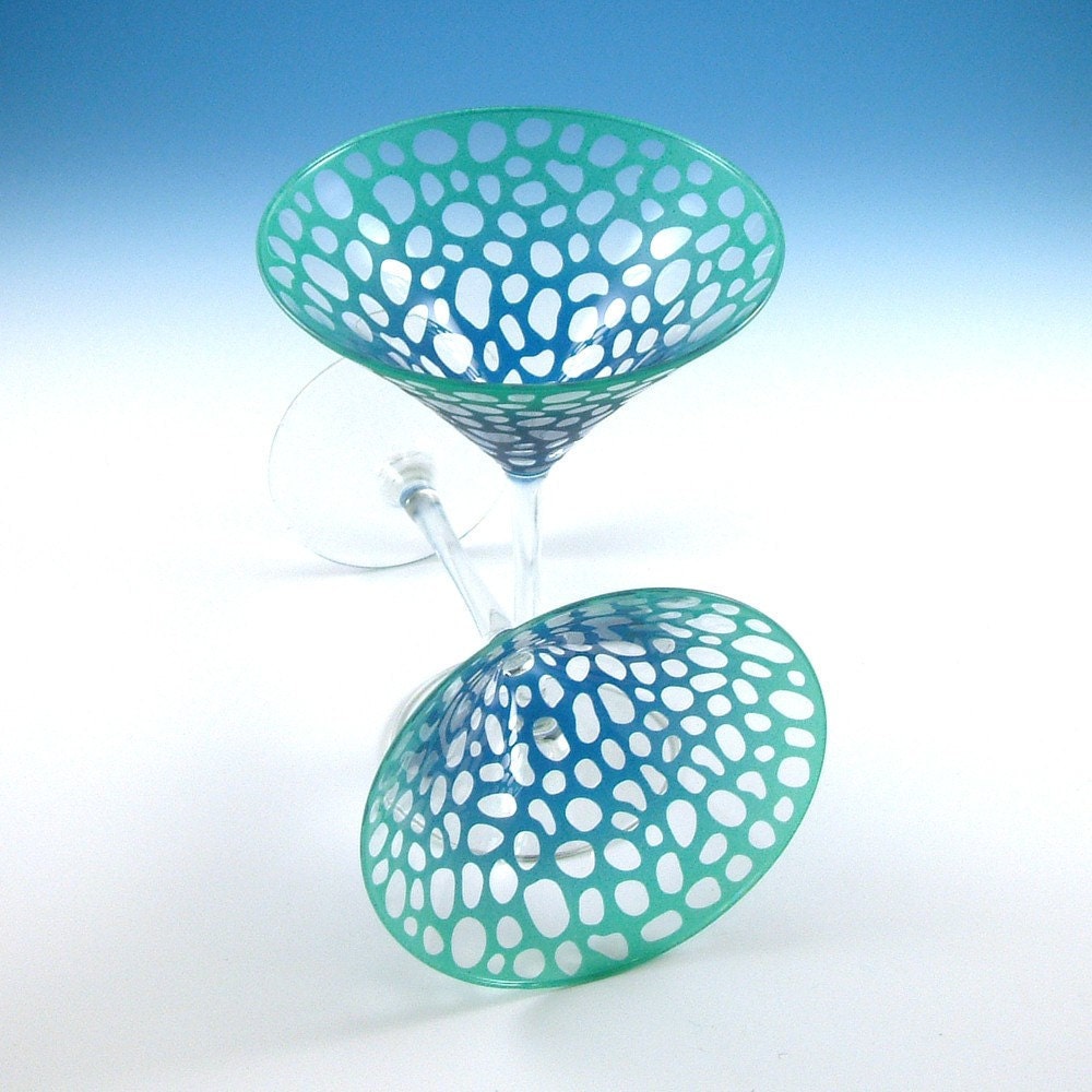 Etched Martini Glasses - River Rocks - Custom Painted Green and Blue - Matching Pair