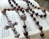 Catholic Rosary for Men - Large Red Tigereye beads with Bronze Medals