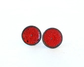 Passion red Copper Enamel stud button earrings Handmade Valentine gift