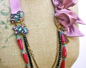 Butterfly in the Subway- necklace and earring set, with Antique Enameled Butterfly buckle, Raspberry Jade, Blue Apatite, and Silk bow