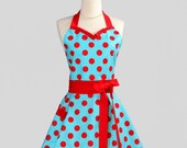 Womens Sweetheart Hostess Apron - Sexy Retro Ruffled Sweetheart in Flirty Teal and Red Pin-up Dots