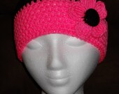 Black and Hot Pink Beanie w/ Flower