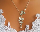 Freshwater Pearls And White Gold Orchid Lariat Necklace Wedding Bride Bridesmaid