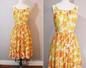 Vintage Day Dress /  Leaf Print Dress / Chiffon Evening Dress / 1950s