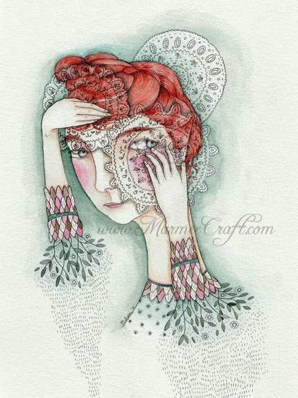 Lace folk girl art print, "Lace and Leaf"