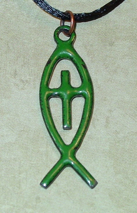 Christian Fish Cross Pendant/Charm (Dark Green, Hand-Fired, Enameled Copper)