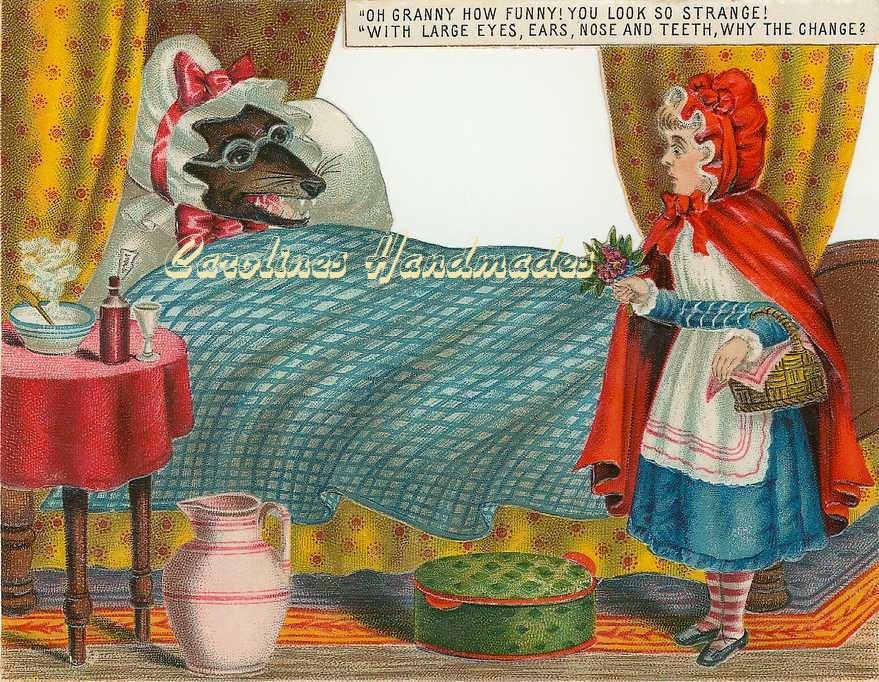 Red Riding Hood Wolf In Bed Reproduction Cotton Fabric Art Print 4X5" Applique