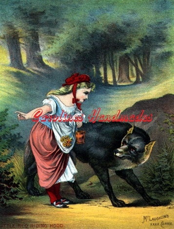 Red Riding Hood & Wolf Reproduction Cotton Fabric Art Print 2.25X3" Applique