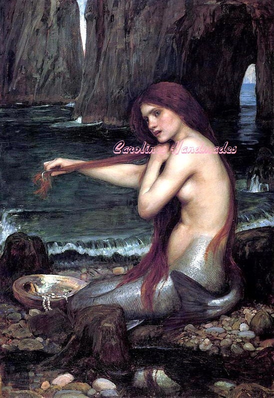 Mermaid Combing Hair Reproduction Cotton Fabric Art Print 3.5X5" Applique