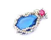 Blue Vintage Glass Pendant With Ruby Accent in Sterling Silver