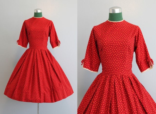 50s Dress / Vintage Valentine Dress / 1950s Red Heart Print Party Dress