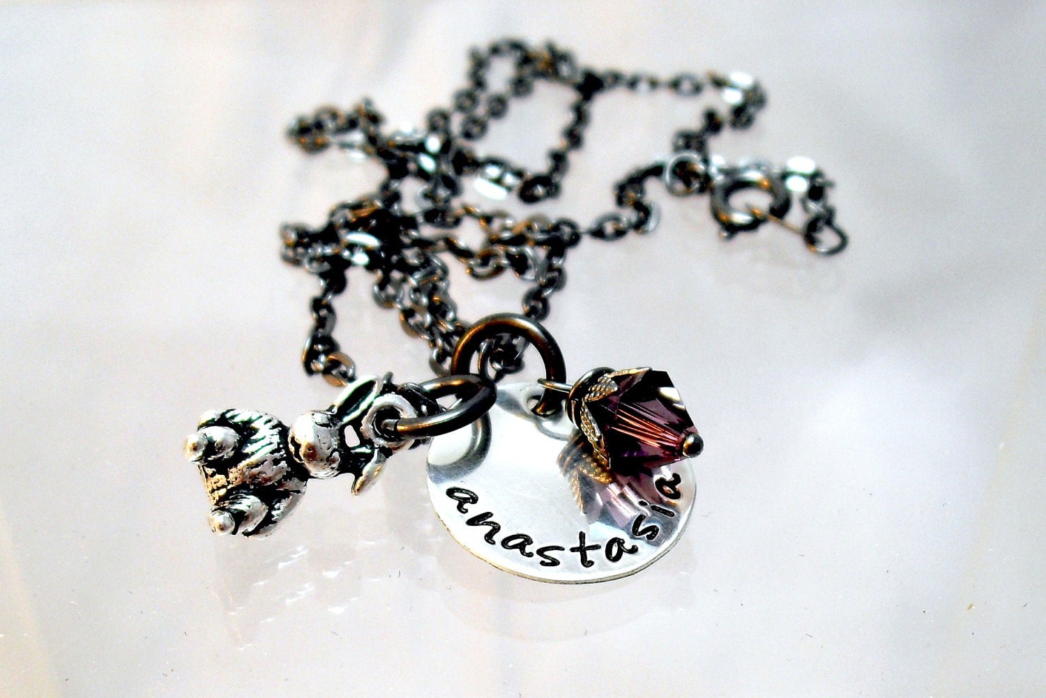 Handstamped Sterling Silver disc with swarovski Birthstone - Personalized Mommy Necklace - Bunny Charm