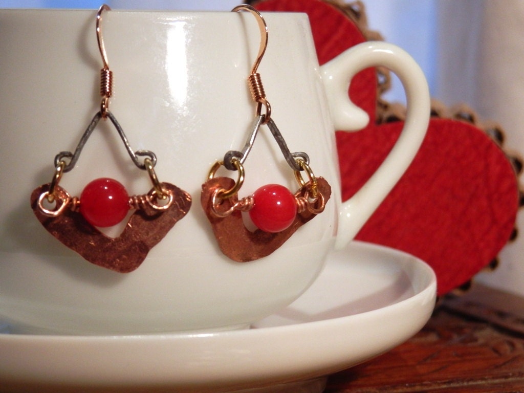 Red Cherry Jade Earrings with Recycled Hammered Copper