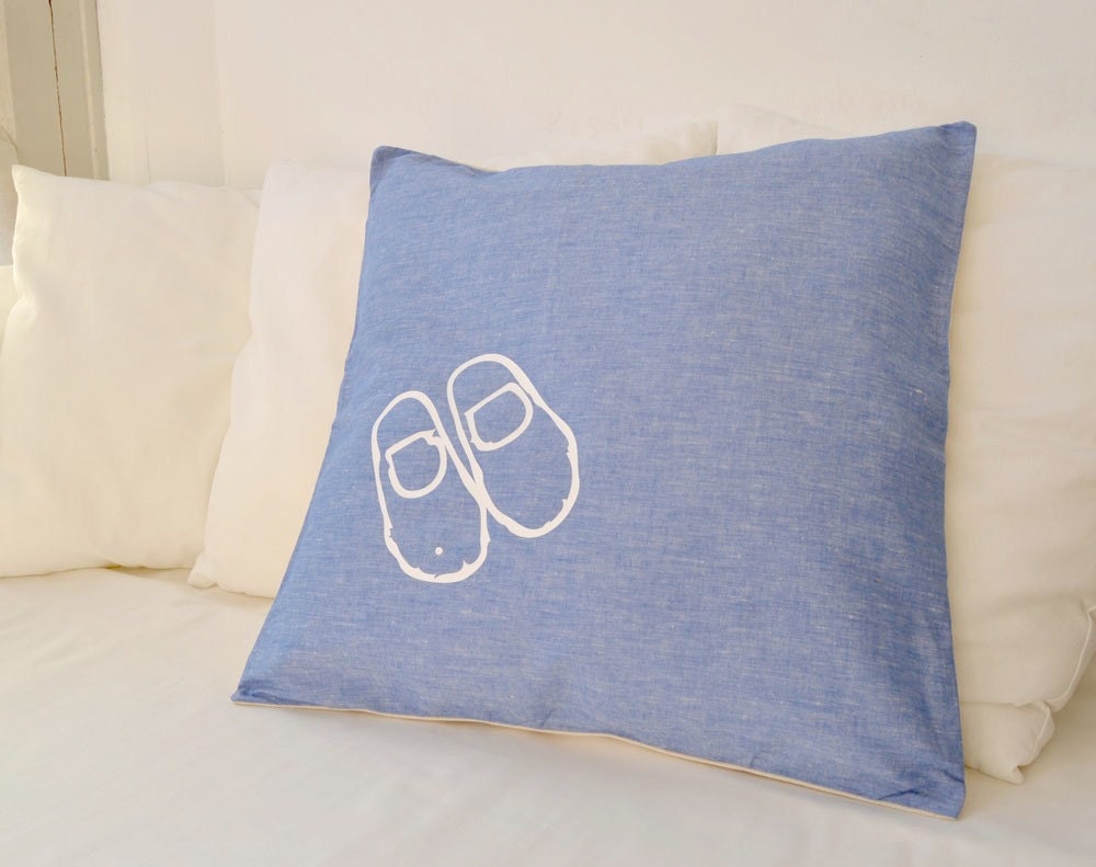 Pillow cover with tiny girls Moroccan shoes in fresh Mediterranean blue cotton 50 x 50 cm