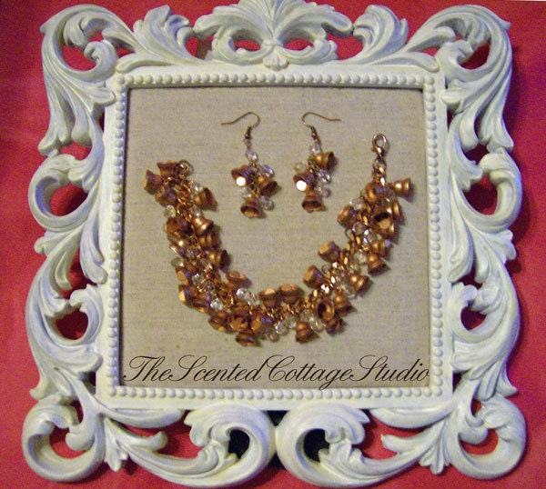 Copper Fairy Bells and crystal beads bracelet and earrings