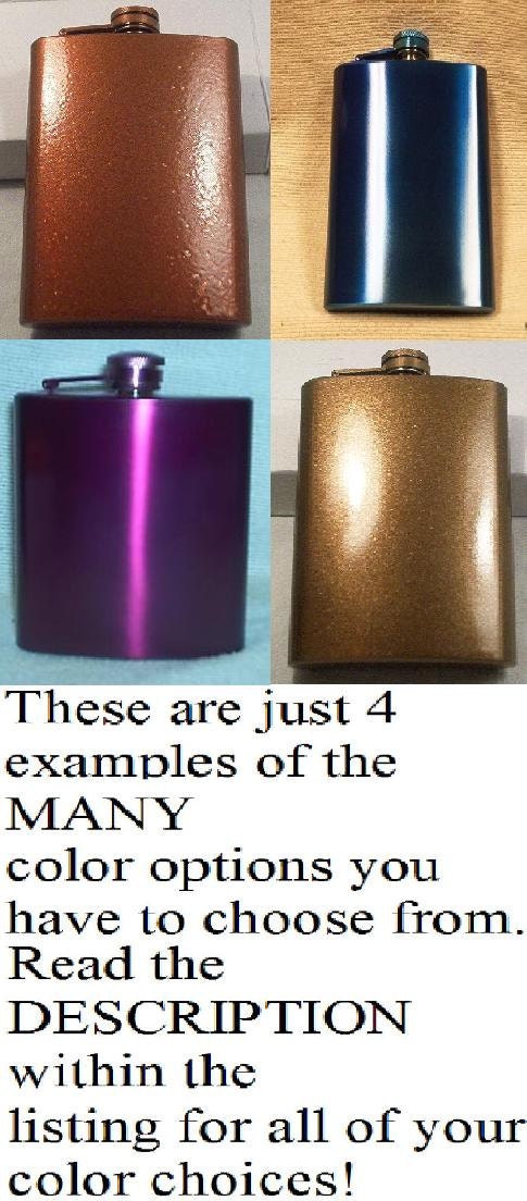 8 Pack of 6-oz (ANY COLOR) Whiskey Flasks Plus 8 Flask Funnels Plus FREE Custom Lasering and In-Country Priority Mail Shipping