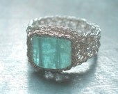 Aquamarine Ring Fine Silver Wire Crochet Ring