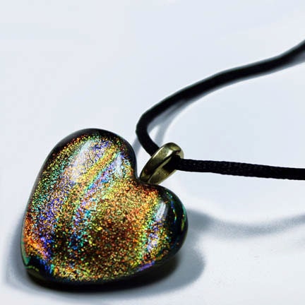 LARGE Rainbow Dichroic Art Glass Heart Pendant with Necklace 3