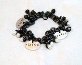 Three Engraved Ovals Gunmetal chain Personalized Bracelet - with sweet White Fresh Pearls wrapped in gunmetal wire