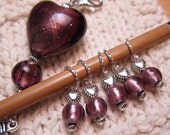 6 Piece Stitch Marker Set with Heart of Lampwork Glass Fob